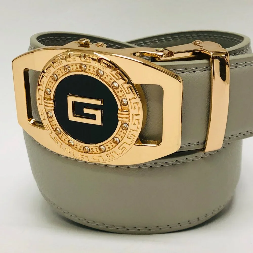 Gray‎ Leather Belt Automatic Buckle Slide Belts No Hole Strep Ratchet Men Women